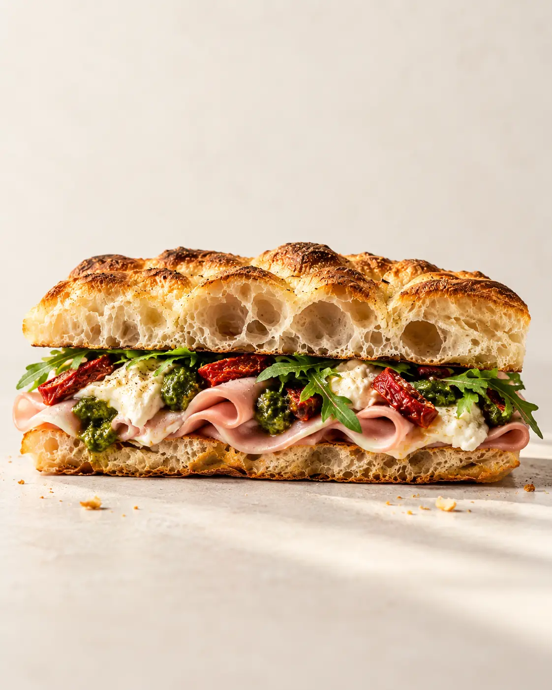Gevulde focaccia met ham, mozzarella, pesto, rucola en gedroogde tomaat