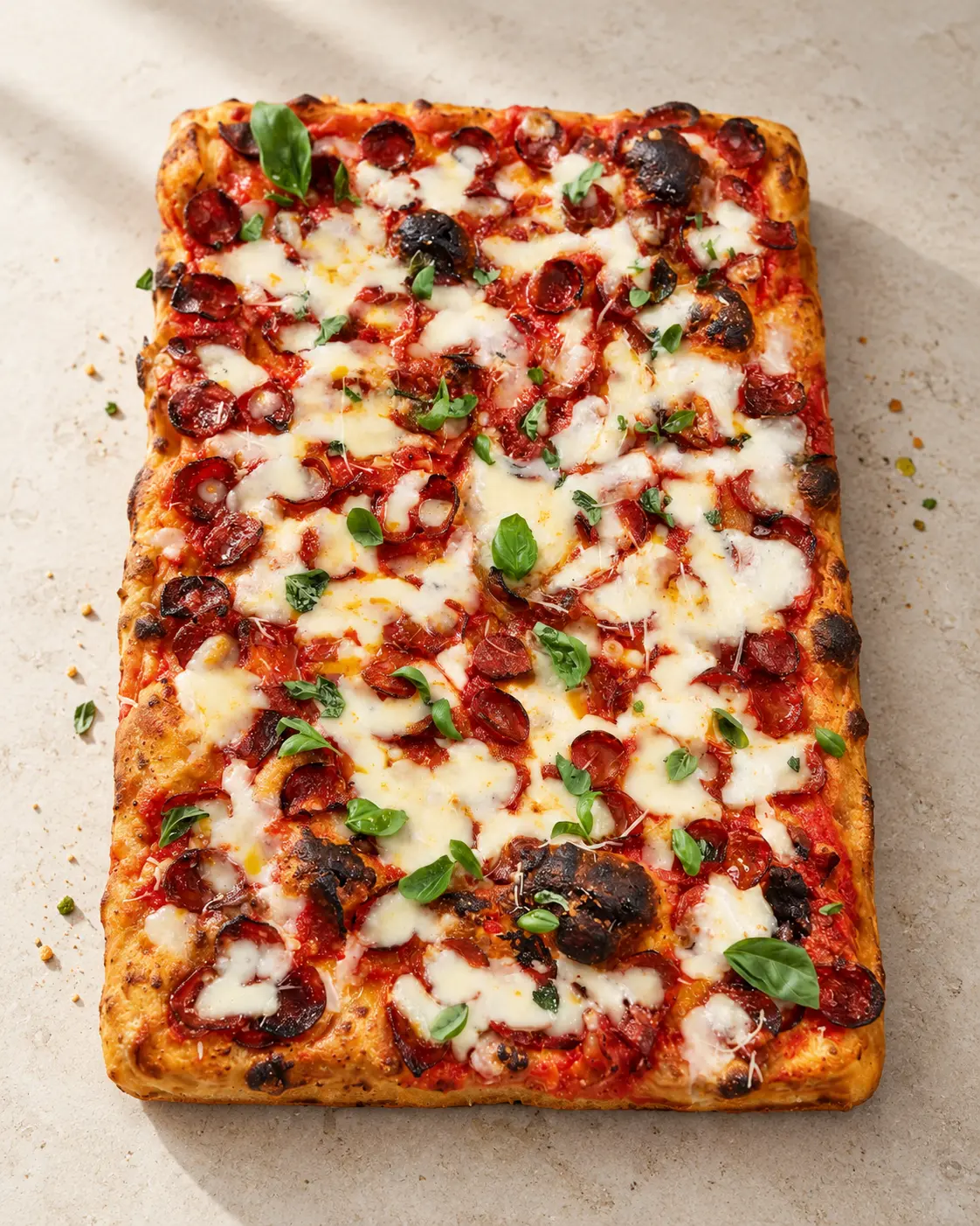 Romeinse pizza al taglio met tomaat, mozzarella, salami en verse basilicum