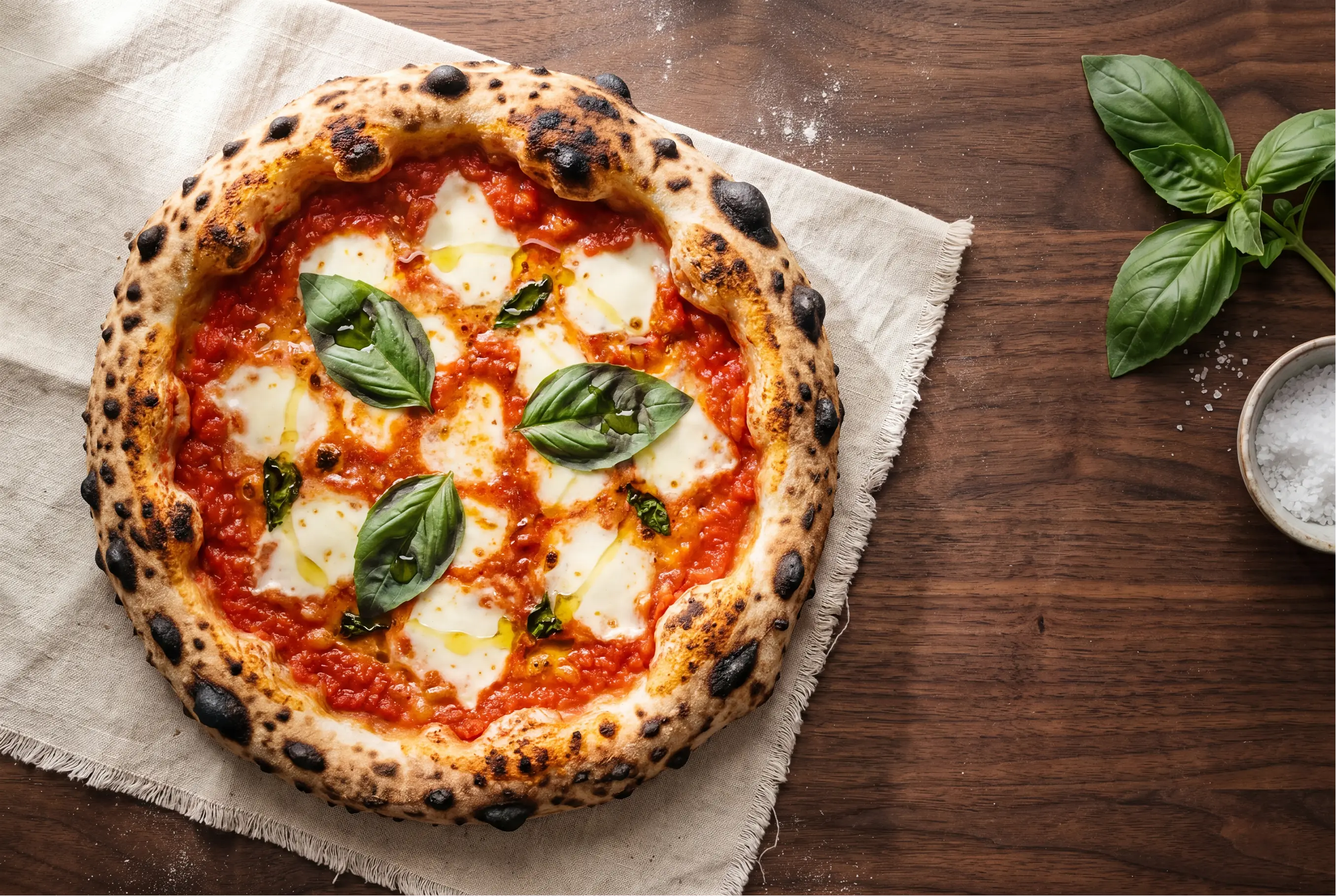 Italiaanse pizza margherita met verse basilicum, vers uit de oven