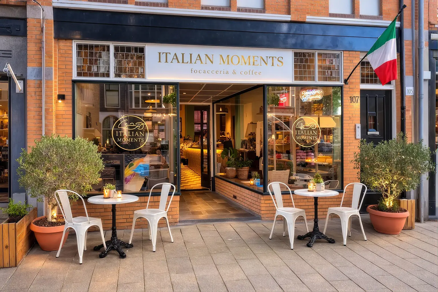 De gevel van Italian Moments aan de Stevinstraat 109 in Den Haag, met terrastafels en olijfboompjes