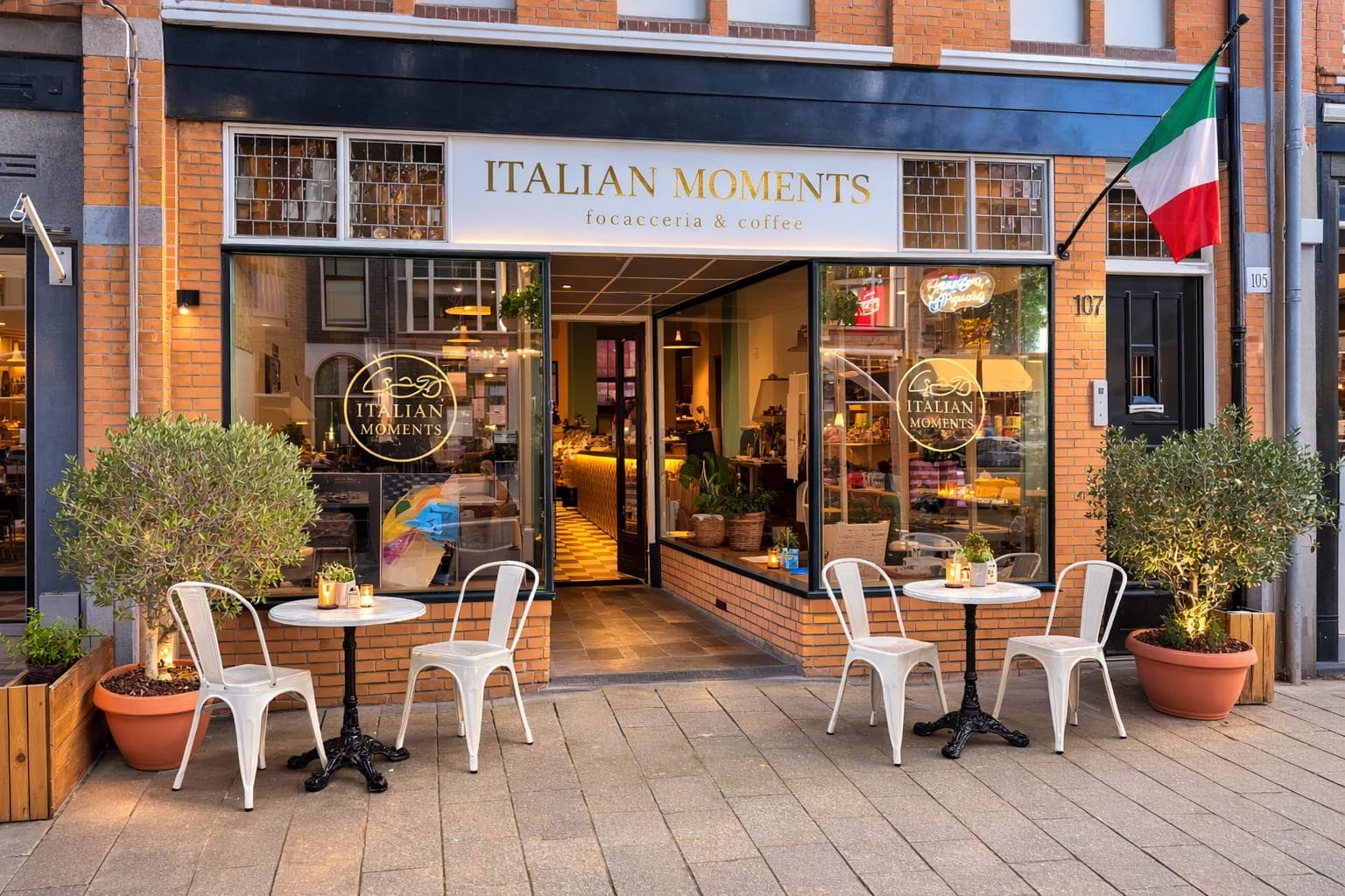 De voorgevel van Italian Moments aan de Stevinstraat